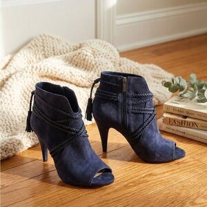 Vince Camuto Navy Suede Braided Tassel Peep Toe Booties